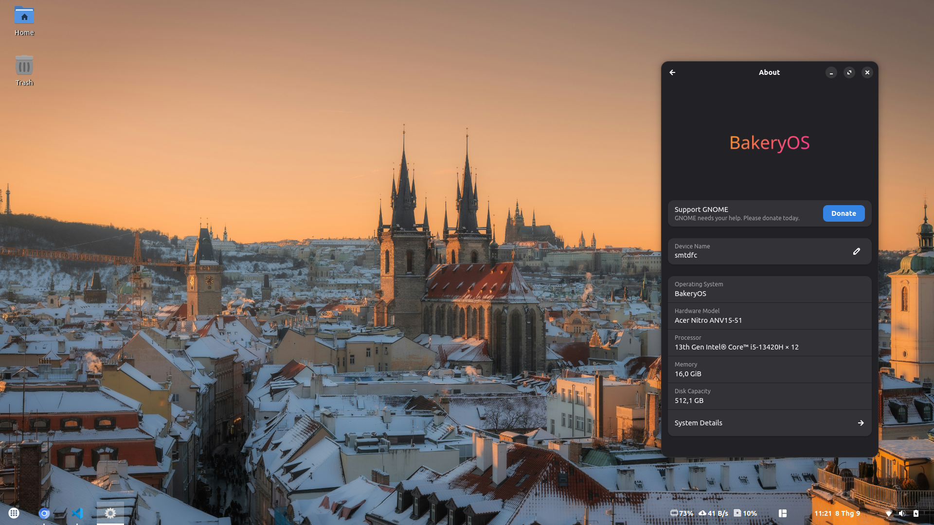 BakeryOS desktop environment showing the About panel